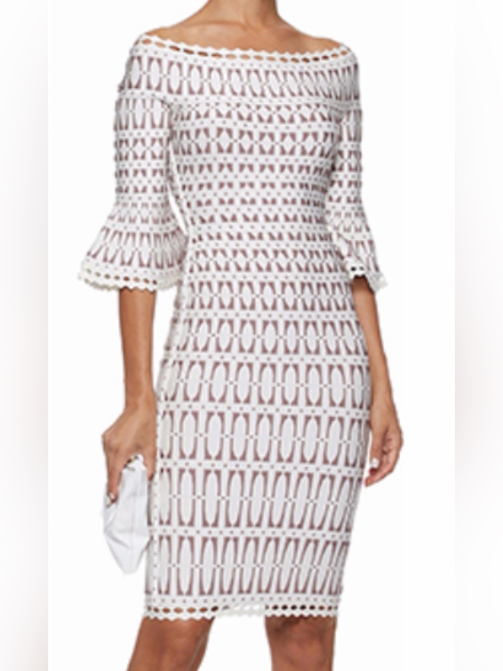 Herve Leger White and Mauve Geometric Crochet-Trim Midi Dress